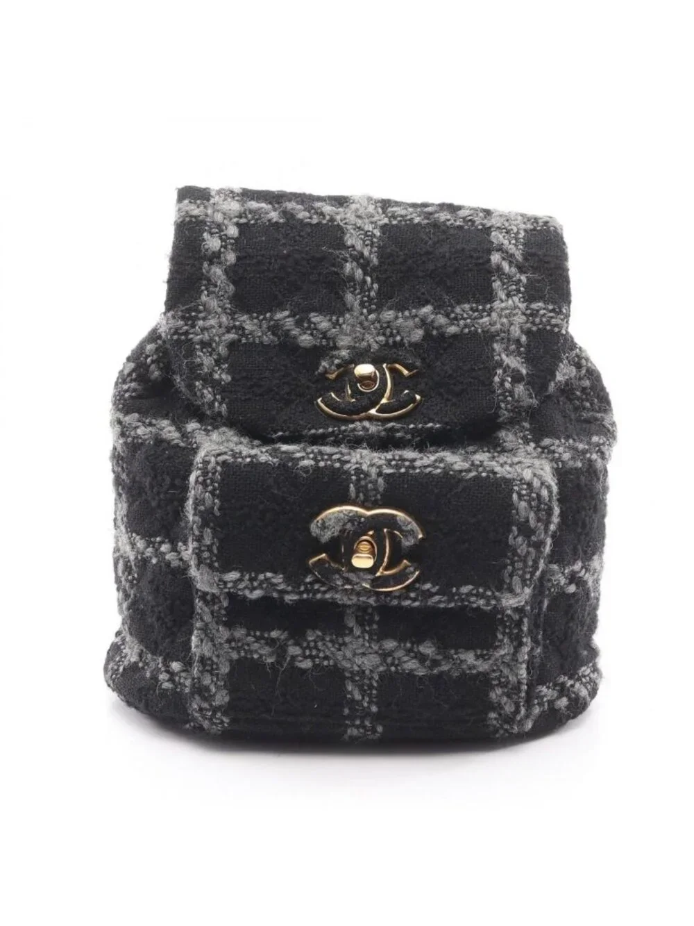 Chanel Backpack CC Logo Black Gray Wool Quilted Chain